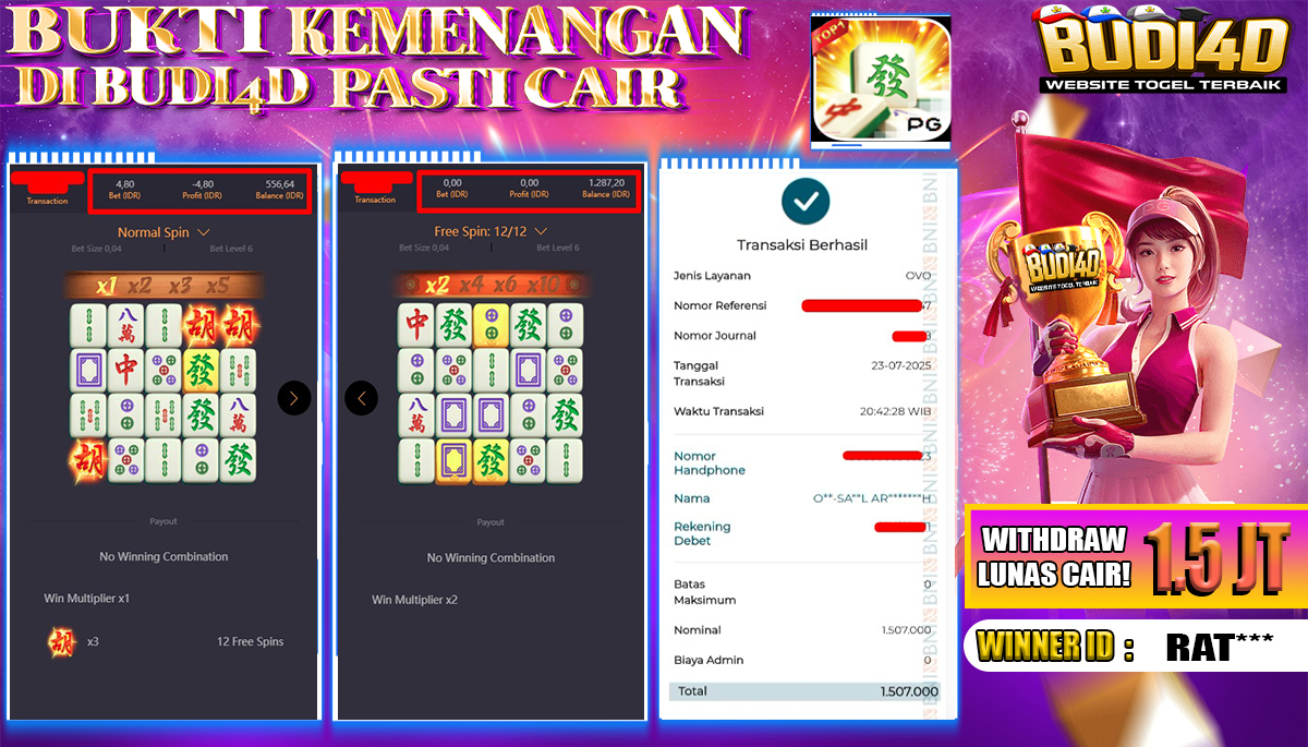 BUDI4D JACKPOT USERID:  RAT*** SLOT PGSOFT MAHJONG WAYS Rp.1.500.000,- LUNAS